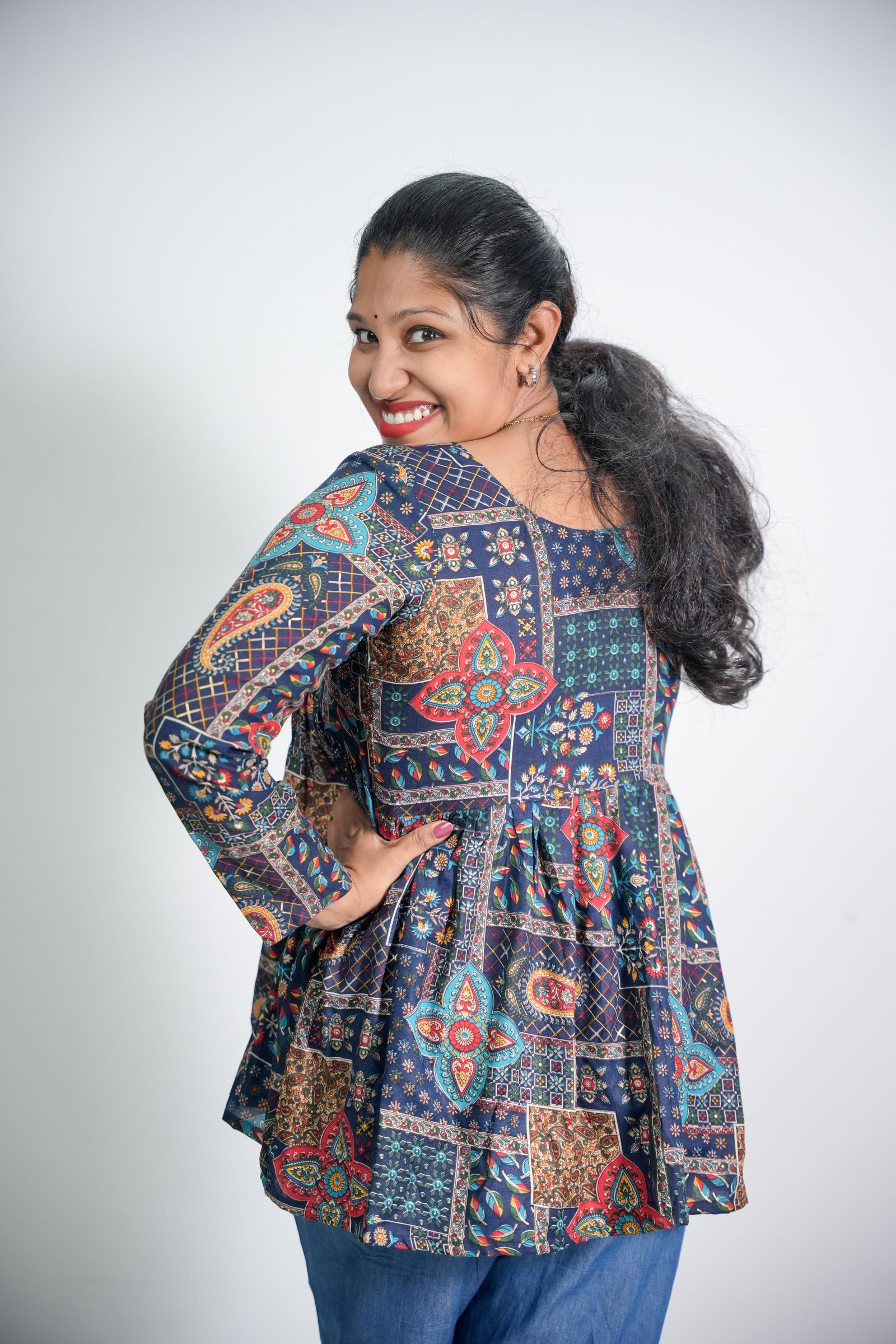 Womens Navy Blue Paisley Print Rayon Peplum Top